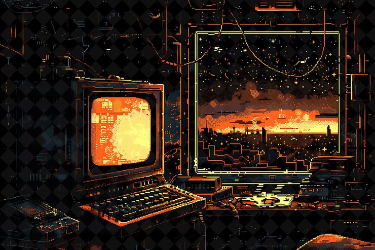 PSD png retro pixel art frame con el logotipo de synthetix pixel art characte y2k forma de neón en fondo oscuro
