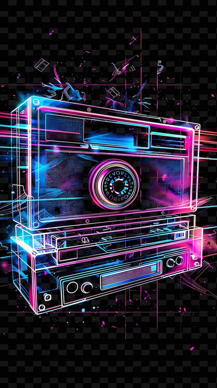 PSD png retro wave glitch con rejillas de neón cintas de cassette y 80s ins ilustración textura de fondo