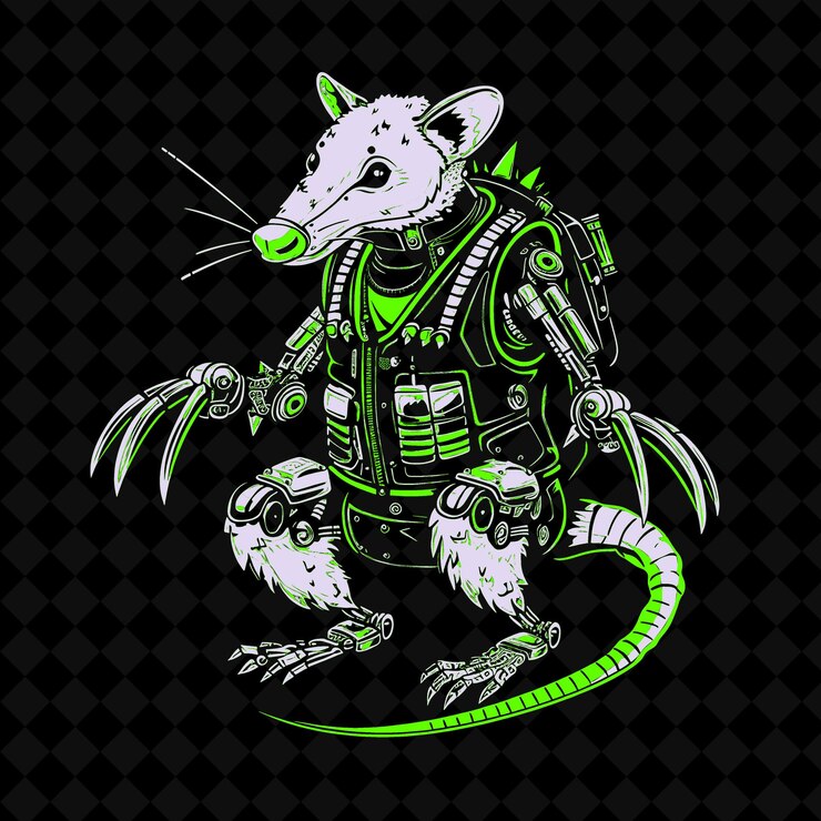 PSD png-roboter-opossum mit metallkrallen und einem mächtigen schwanz, der einen umrissvektor eines tiermaskots trägt