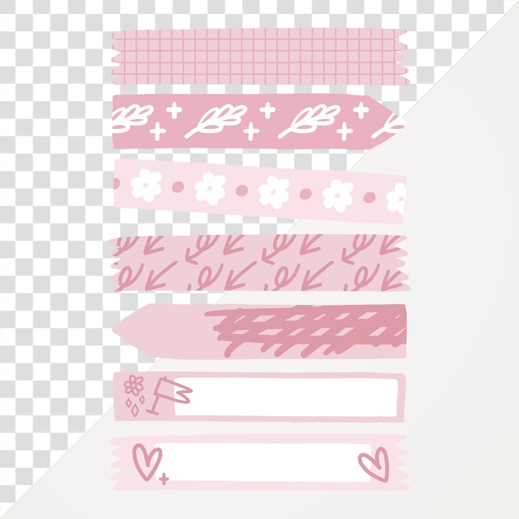 PSD png rosa cinta washi patrón de garabateo elemento de collage de diario conjunto de fondo transparente