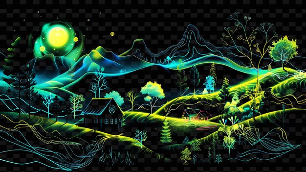 PSD png rural tape decal mit neon-infusierten landschaftsszenen und n creative neon y2k shape decorativea