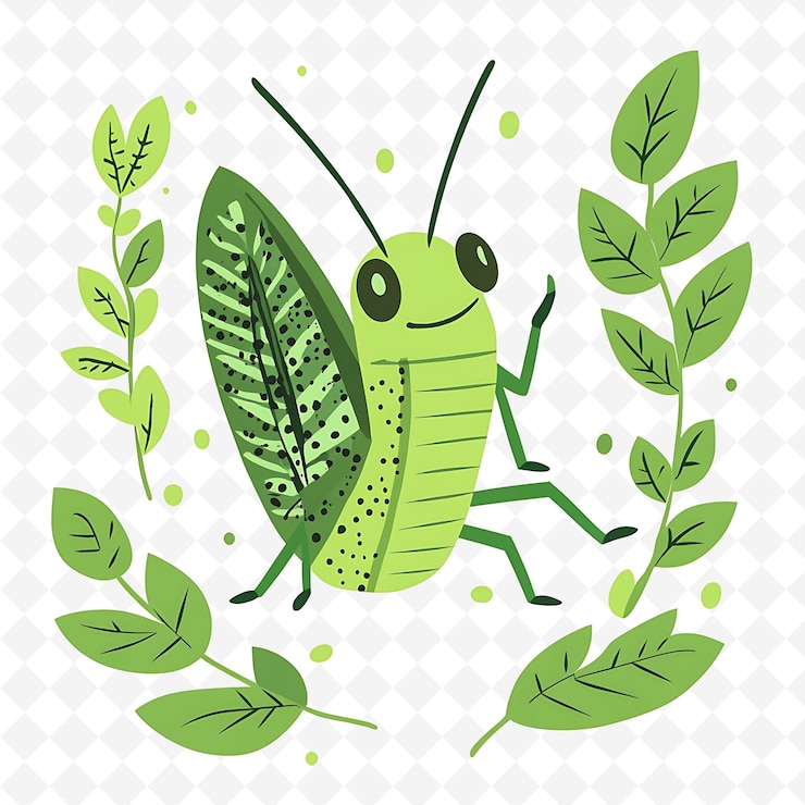 PSD png saltamontes animados con formas de hojas dispuestas como un prado l ilustración plana carácter lindo