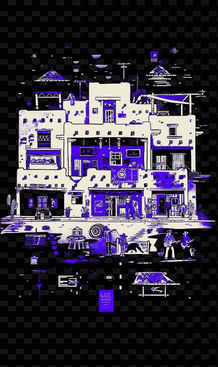 PSD png santa fe con escena de la calle suroeste y adobe architectu ilustración escena de la ciudad decoración de arte