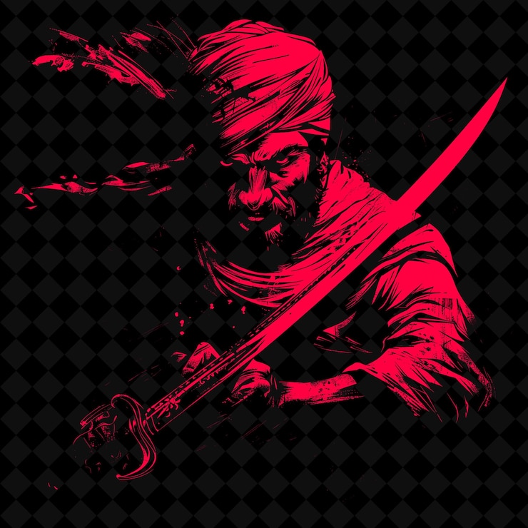 PSD png saracen con una cimitarra y una expresión enfocada realizando la forma del personaje del guerrero medieval