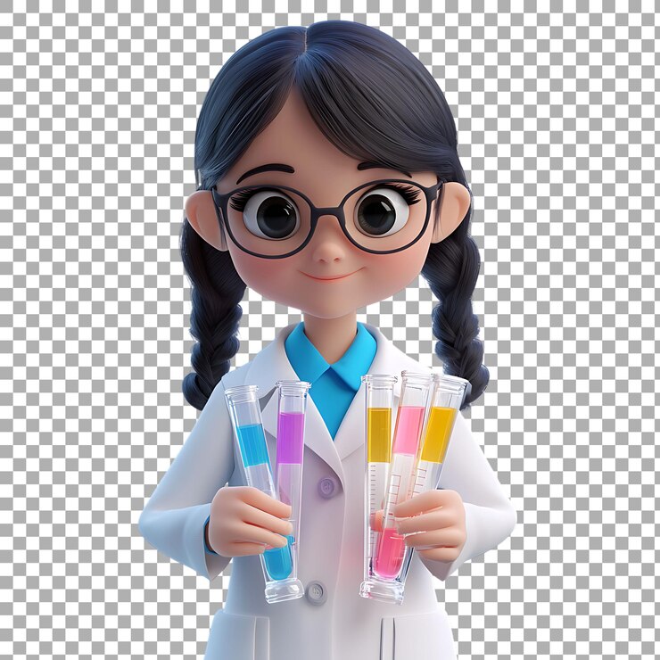 PSD png scientist girl holding test tubes against transparent background