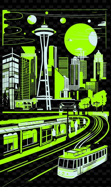 PSD png seattle com waterfront street scene e ilustração de arquitetura moderna citys scene art decor