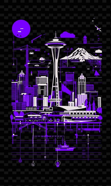 PSD png seattle mit waterfront street scene und moderner architektur illustration citys scene art decor