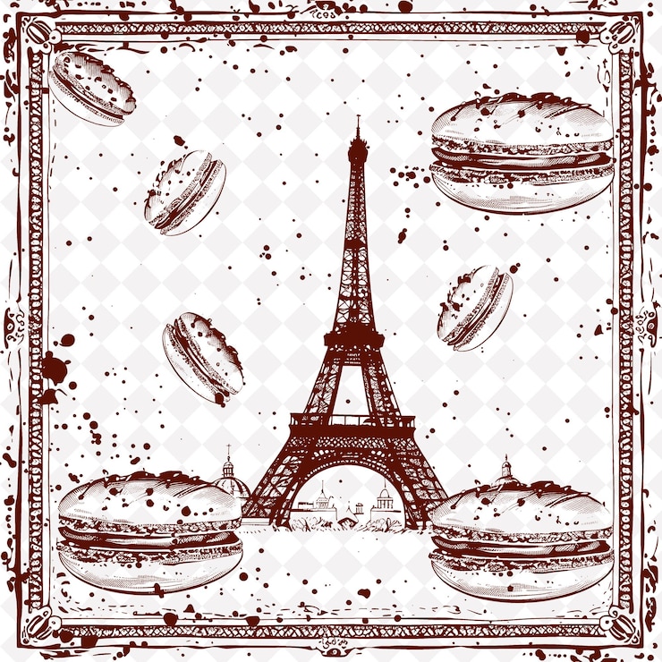PSD png shabby chic arte folclórico parisiense con las torres eiffel y la colección de arte de contorno tradicional de macaron