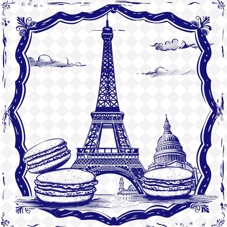 PSD png shabby chic pariser volkskunst mit eiffeltürmen und macaron traditionelle umrisskunst-sammlung