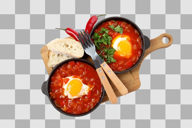 PSD png shakshuka en un cuenco en una tabla de madera aislada sobre un fondo blanco