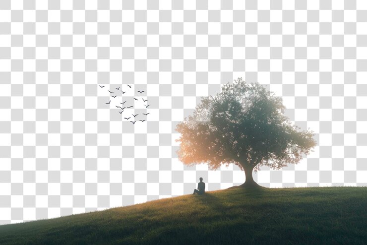 PSD png silhouette einer einsamen figur vögel baum silhouette
