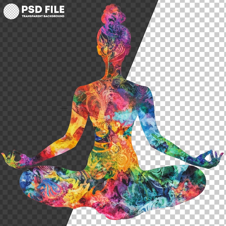 PSD png silueta colorida de una persona meditando en posición de piernas cruzadas con patrones vibrantes que simbolizan la tranquilidad y la atención plena