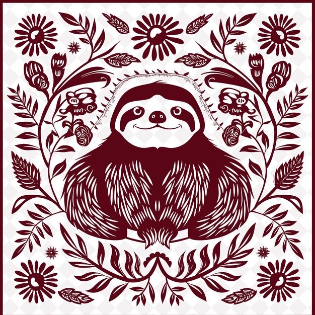 PSD png sloth arte folclórica com flores tropicais e elementos da floresta tropical ilustração contorno decoração de quadro
