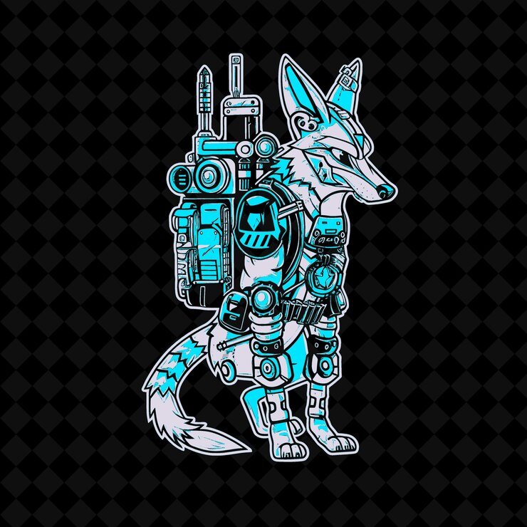 PSD png sly jackal con una cola mecánica y una mochila llena de engranajes vector de contorno de mascota animal