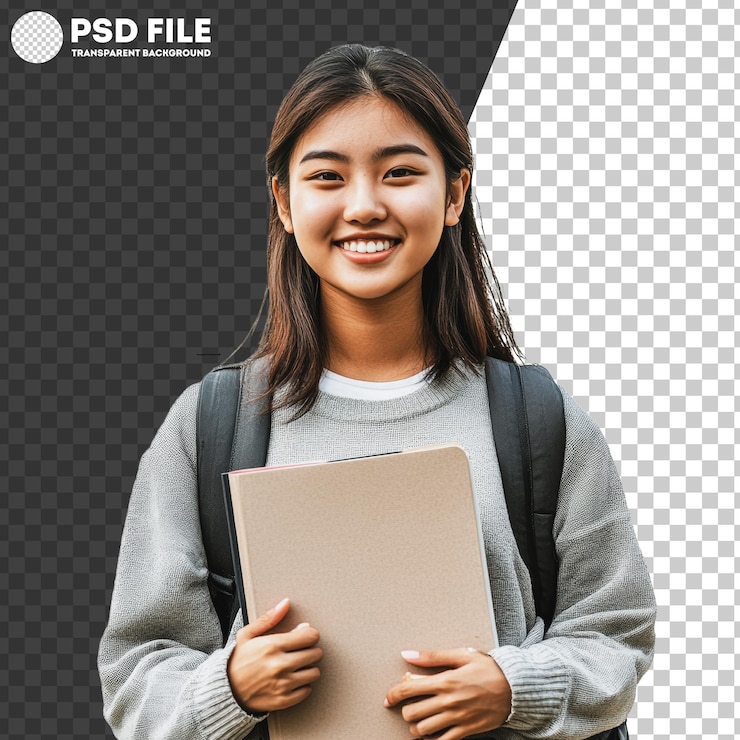 PSD png smiling student holding a notebook outdoors on a sunny day