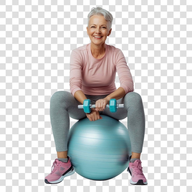 PSD png sonriente atleta senior ejercicio de pesas de acondicionamiento físico