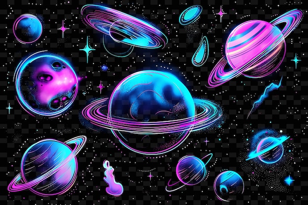 PSD png space decal com ilustrações de planetas e com iridesce creative neon y2k shape decorativen