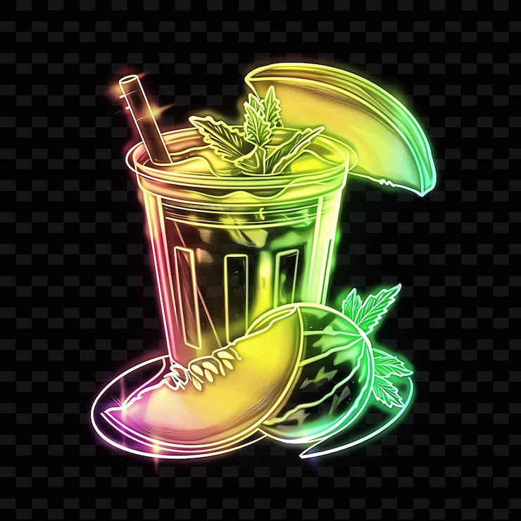 PSD png sparkling neon tints melon brandy cooler servido en un retro s y2k neon line art diseños de bebidas