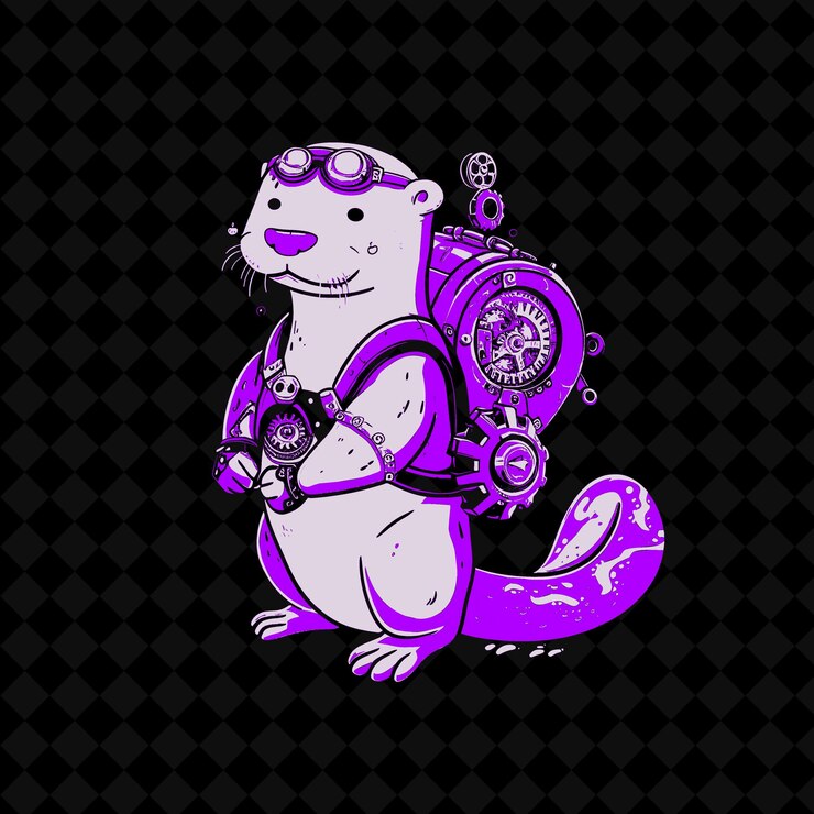 PSD png spielerischer otter mit mechanischem schwanz und einem mit geräten gefüllten backp outline vektor von tiermaskottchen