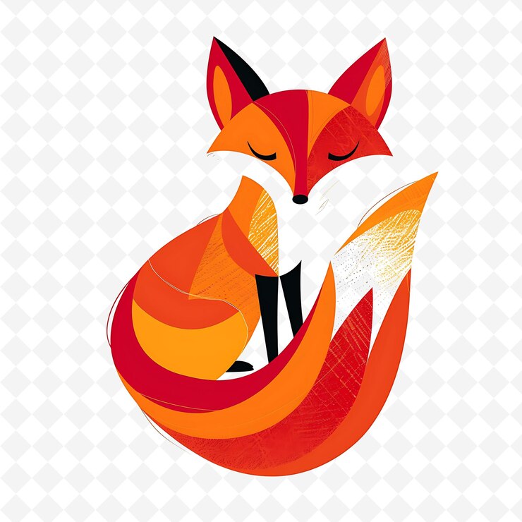 PSD png spunky fox con forma de cola arbustiva colocada al azar ilustración plana roja ardiente personaje lindo
