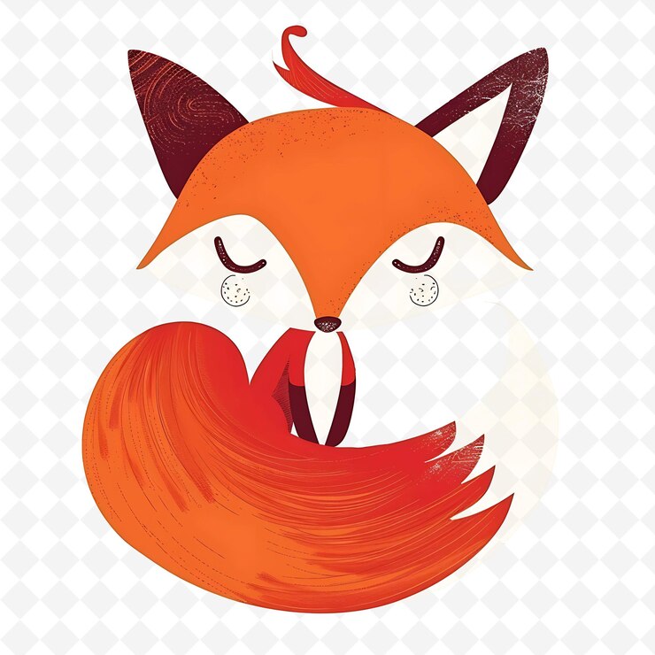 PSD png spunky fox con forma de cola arbustiva colocada al azar ilustración plana roja ardiente personaje lindo