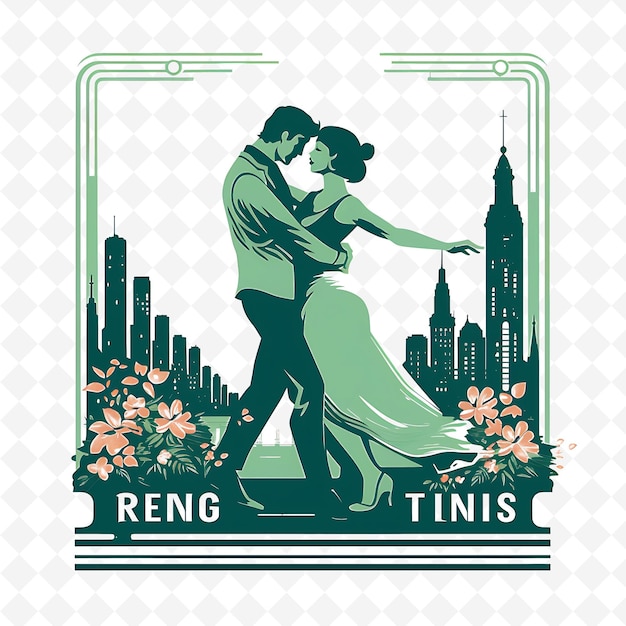 PSD png stadt buenos aires mit monochromer grüner farbe tango-tänzer handgezeichneter aquarell landschaften