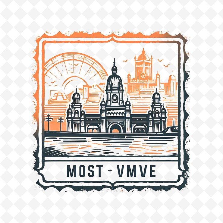 PSD png stamp mumbai city with monochrome peach color gateway of india and minimalist unique art frame