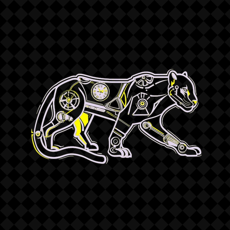 PSD png stealthy panther with a clockwork body and a mechanical tail outline vector of animal mascot