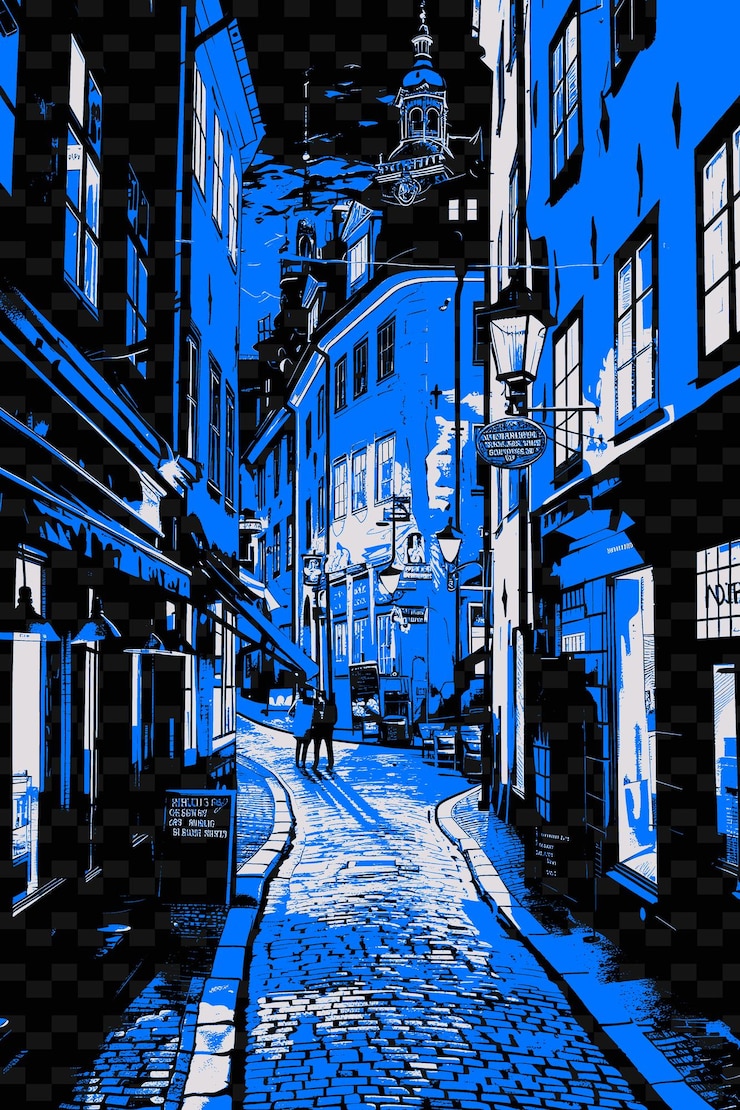 PSD png stockholms gamla stan con scena di strada medievale pietra calcarea illustrazione città scena arte decorazione