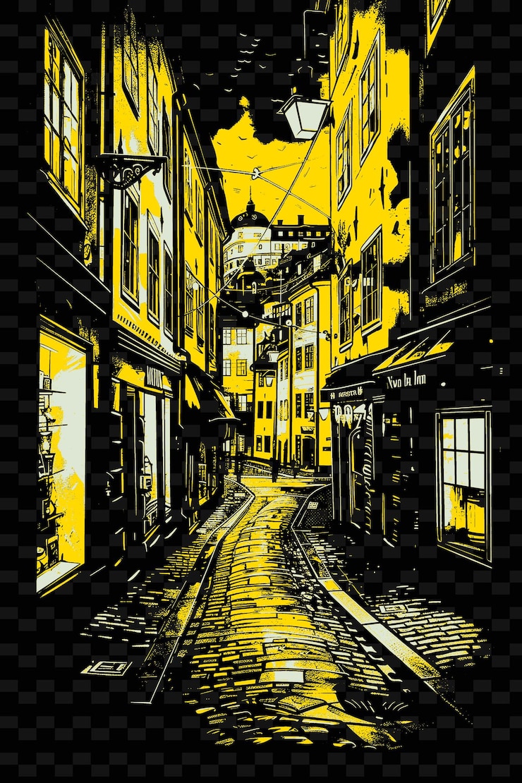 PSD png stockholms gamla stan con scena di strada medievale pietra calcarea illustrazione città scena arte decorazione