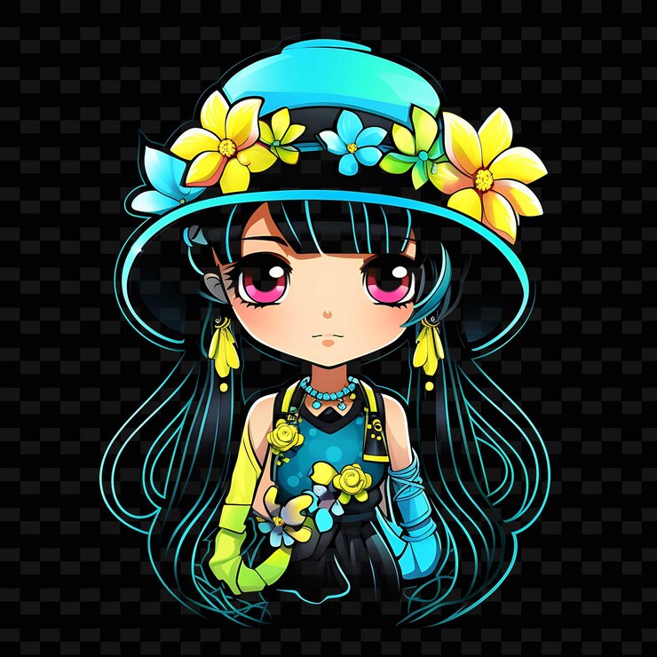 PSD png-strahlende rhythmen, die kreativität mit sticker-anime-figuren durch neonlinien entfesseln