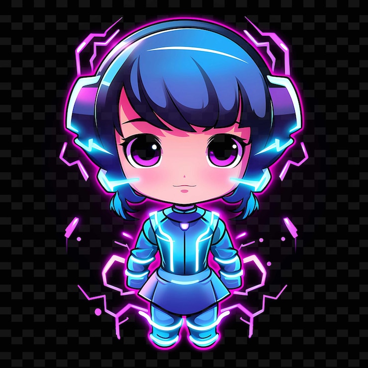 PSD png-strahlende rhythmen, die kreativität mit sticker-anime-figuren durch neonlinien entfesseln