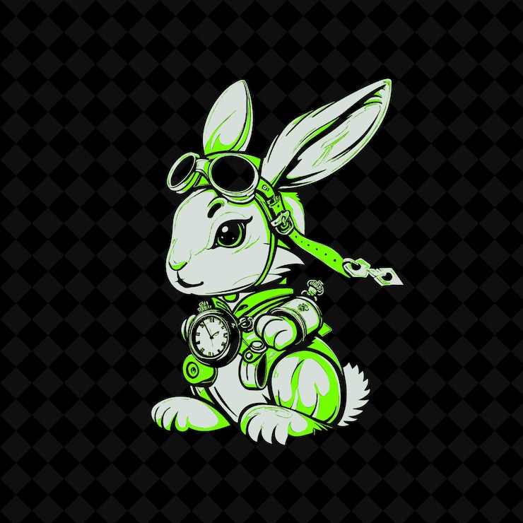 PSD png swift kaninchen mit einem mechanischen bein und einer taschenuhr adorne umriss vektor von tiermaskottchen