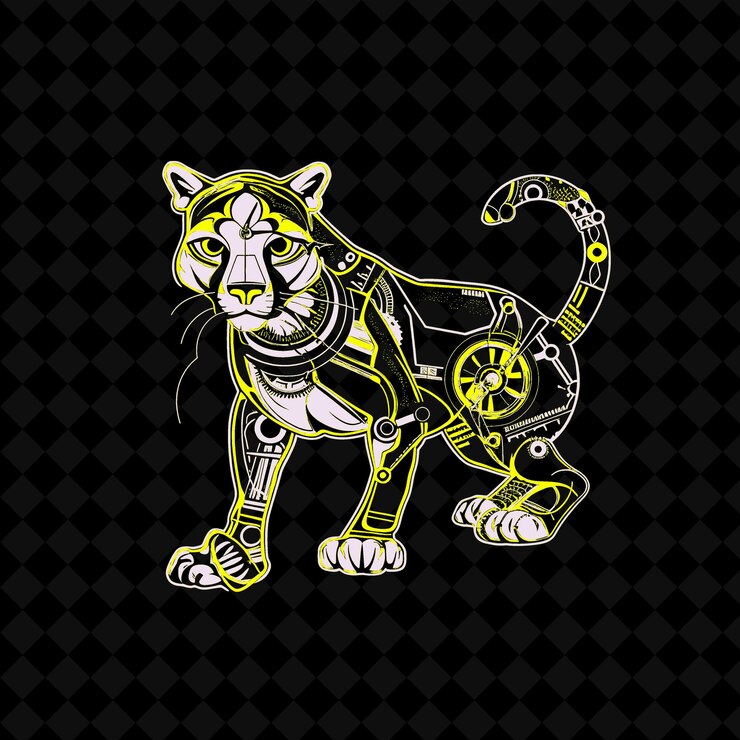PSD png swift puma con un cuerpo de reloj y una cola mecánica dibujado contorno vector de mascota animal