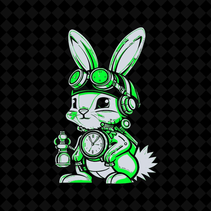 PSD png swift rabbit com uma perna mecânica e um relógio de bolso adorne contorno vector de mascote animal