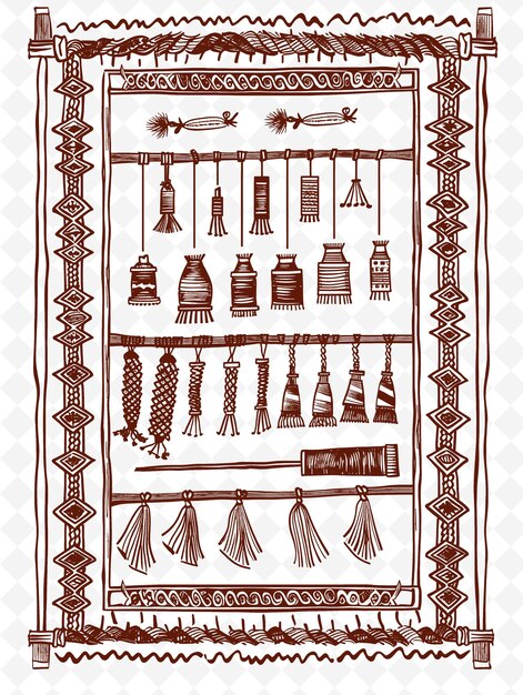 PSD png tapestry loom frame art com bobinas de fio e tecelagem patte ilustração frame art decorativo