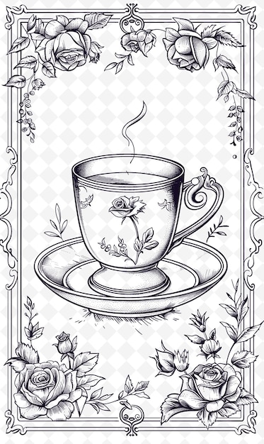 PSD png tea party einladung postkarten design mit viktorianischem rahmen st outline arts scribble dekorativ