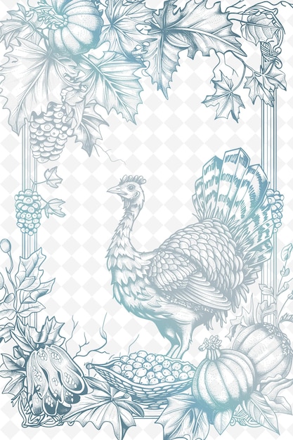 PSD png-thanksgiving-postkarten-design mit ernte-rahmen-stil-design-outline-kunst-schreibkunst-dekorativ