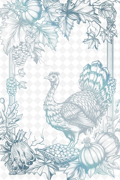 Png-Thanksgiving-Postkarten-Design mit Ernte-Rahmen-Stil-Design-Outline-Kunst-Schreibkunst-Dekorativ