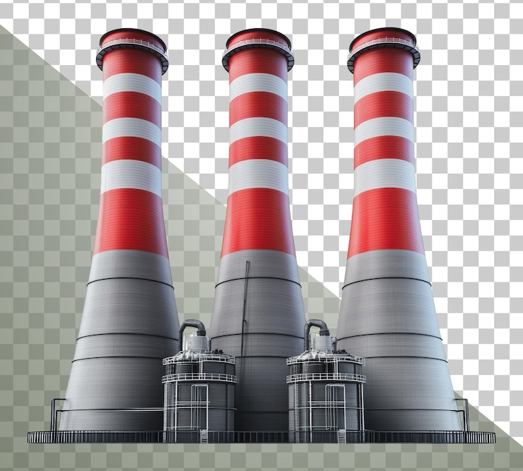 PSD png tre alti camino in un impianto industriale