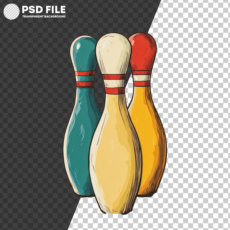 PSD png tre spilli da bowling colorati su uno sfondo bianco