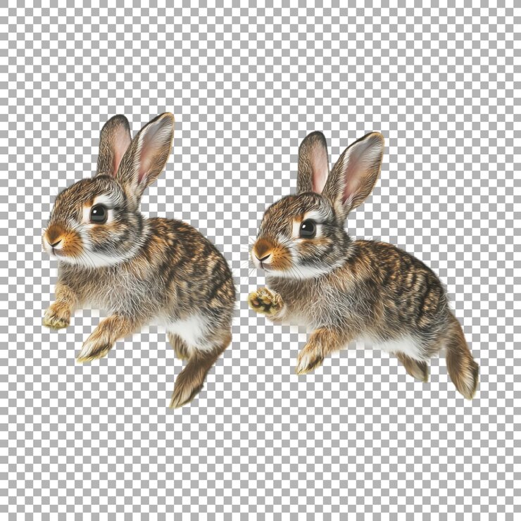 PSD png tres conejos corriendo en la nieve sobre un fondo transparente