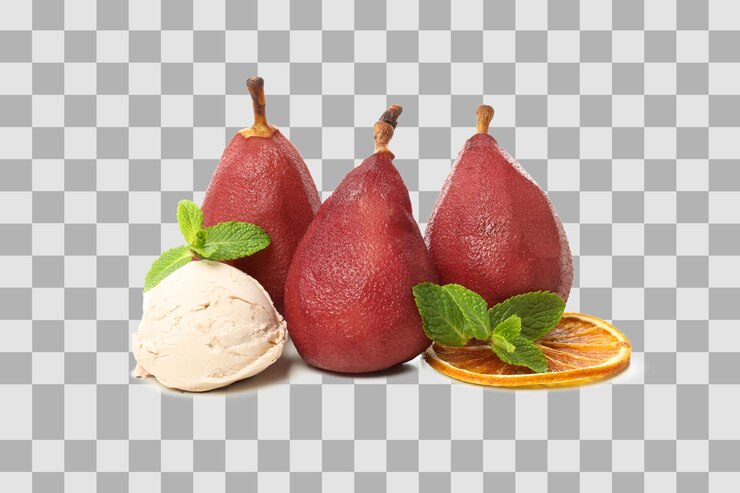 PSD png tres peras en una rebanada de naranja de vino y helado aislado sobre un fondo blanco