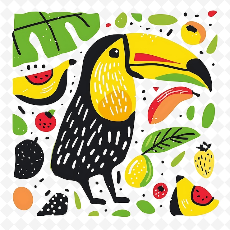 PSD png tucán tropical con formas de frutas esparcidas alrededor brillante una ilustración plana carácter lindo