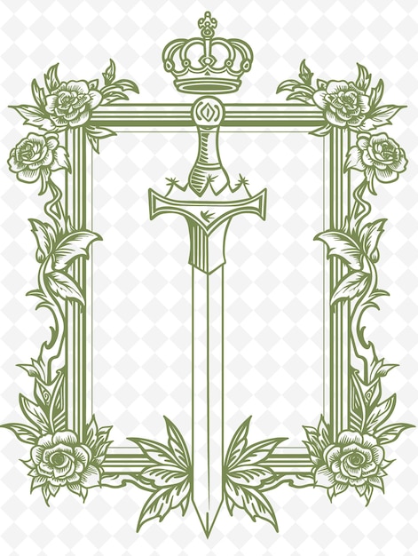 PSD png tudor rose frame art com decorações de coroa e espada ilustração de borda frame art decorative