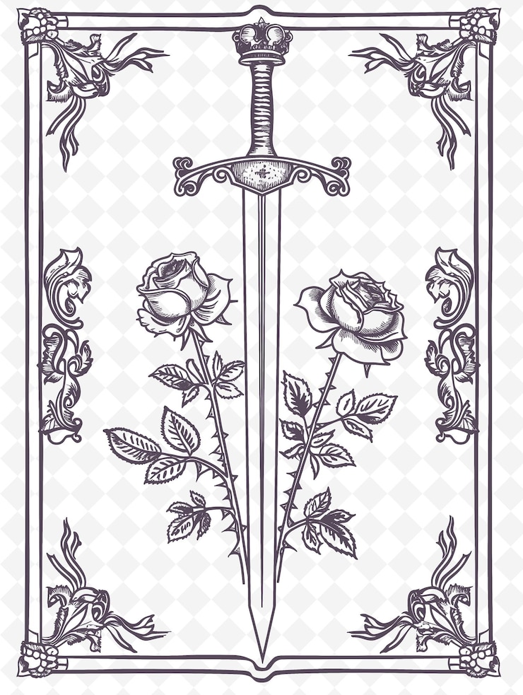 PSD png tudor rose frame art com decorações de coroa e espada ilustração de borda frame art decorative