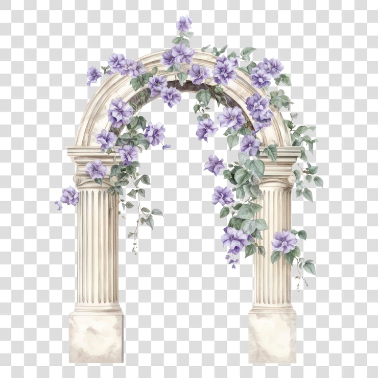 PSD png um arco ornamental grego antigo com flores roxas arquitetura flor arco