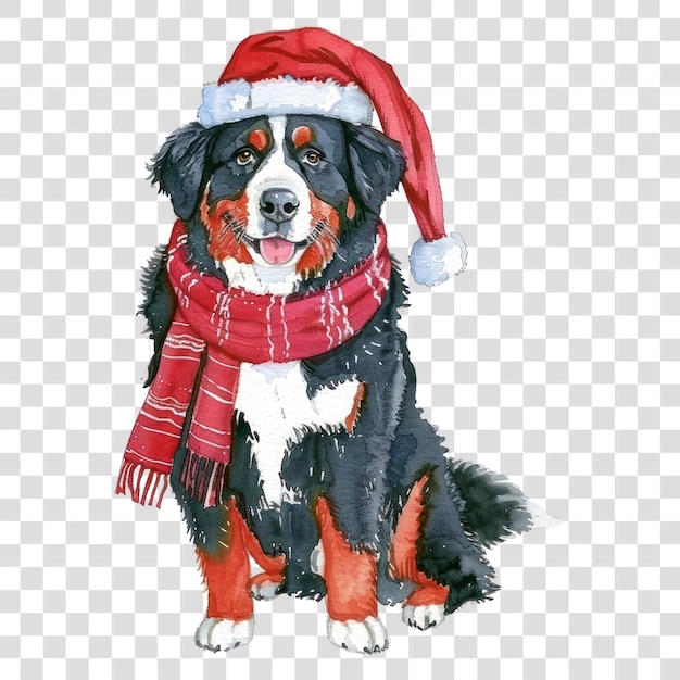 PNG Um cão de montanha bernês sentado vestindo um chapéu vermelho de inverno e um lenço vermelho ilustração de arte aquarela