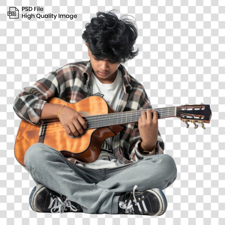 PSD png um menino adolescente indiano guitarra música instrumento musical