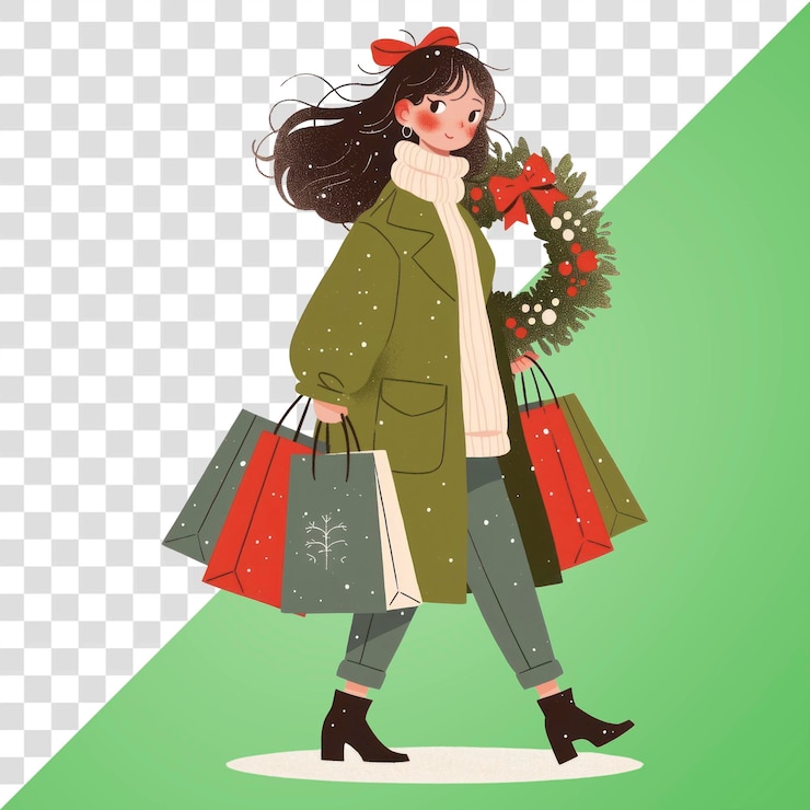 PSD png uma mulher caminhando carregando sacos de compras e segurando uma ilustração de casaco de coroa de natal